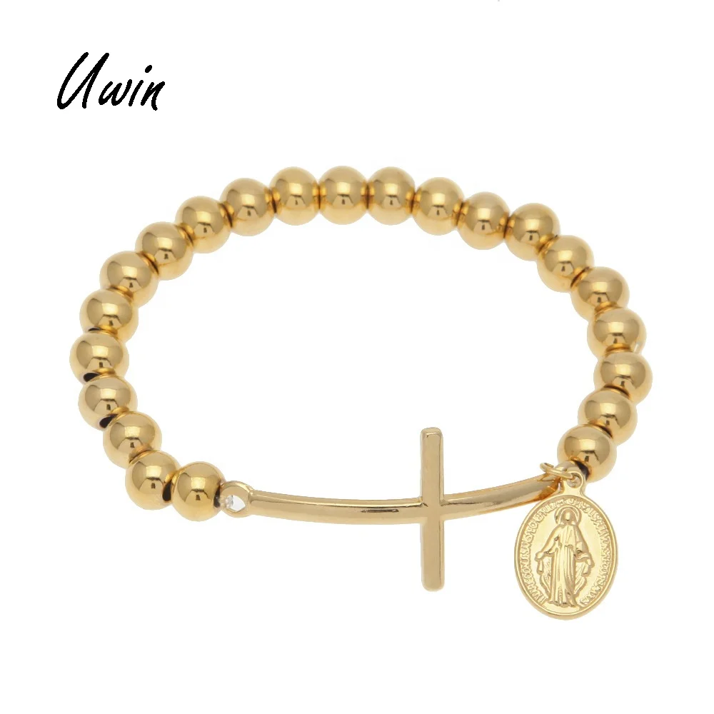 Stainless Steel  Gold 8mm Beads Rosary Chain Women Men Cross Bracelet with Virgin Mary Pendant Fashion Gift