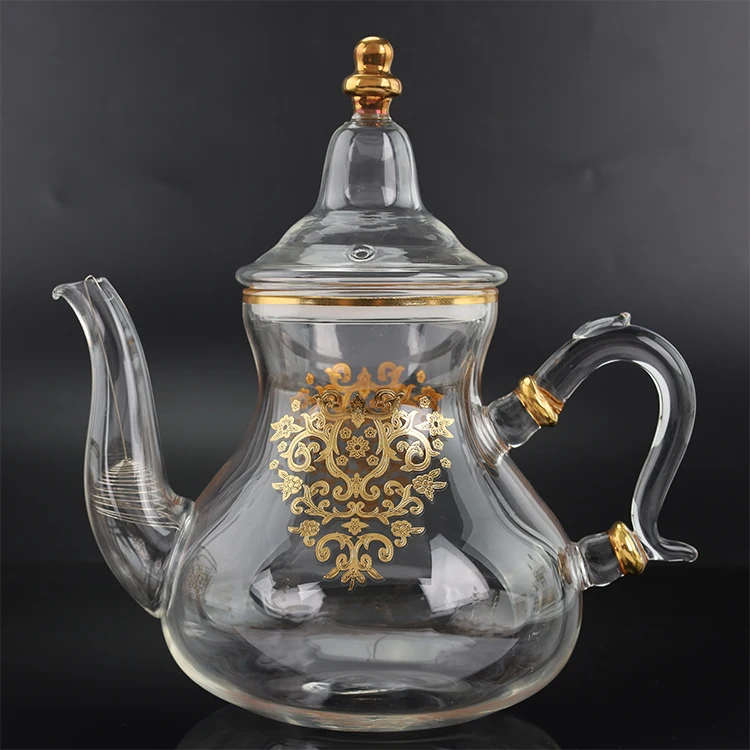 Gourd-Shaped Kettle With Handmade Decal Glass Pitcher With Lid Moroccan Style teapot