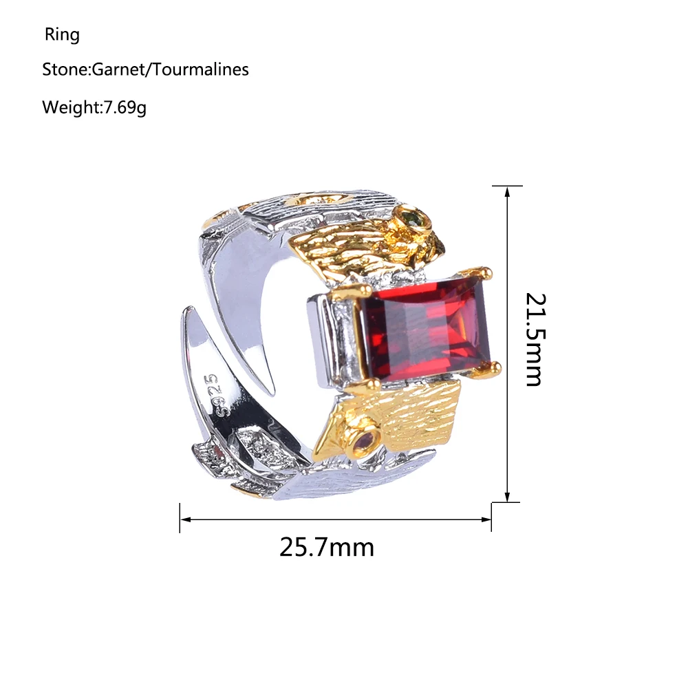 Natural Garnet Ring Italian Handicraft Retro Elegant Ring 925 Silver Gold Plated Natural Garnet Ring