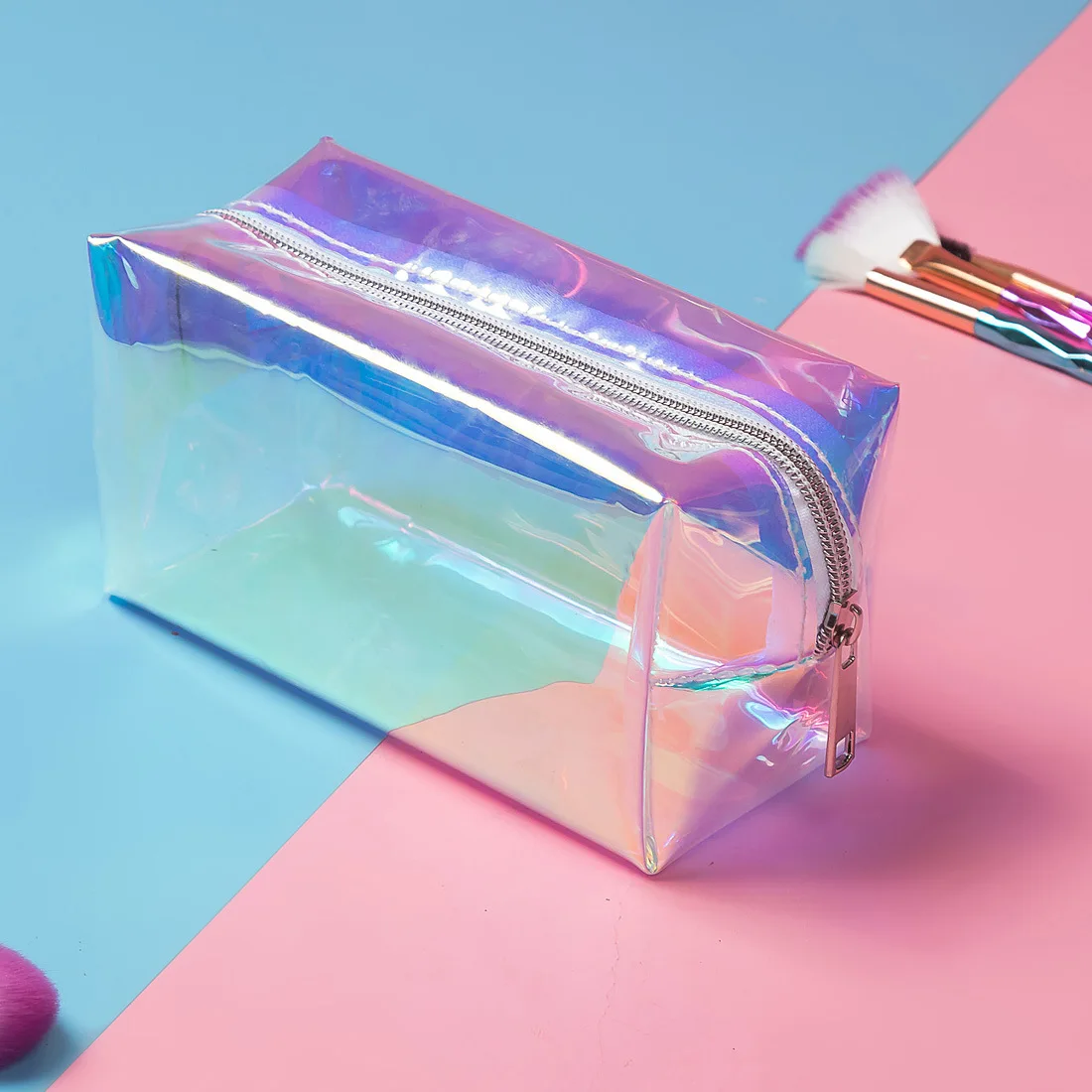 Transparent Rainbow pencil case hologram makeup organizers custom logo Laser cosmetic bag
