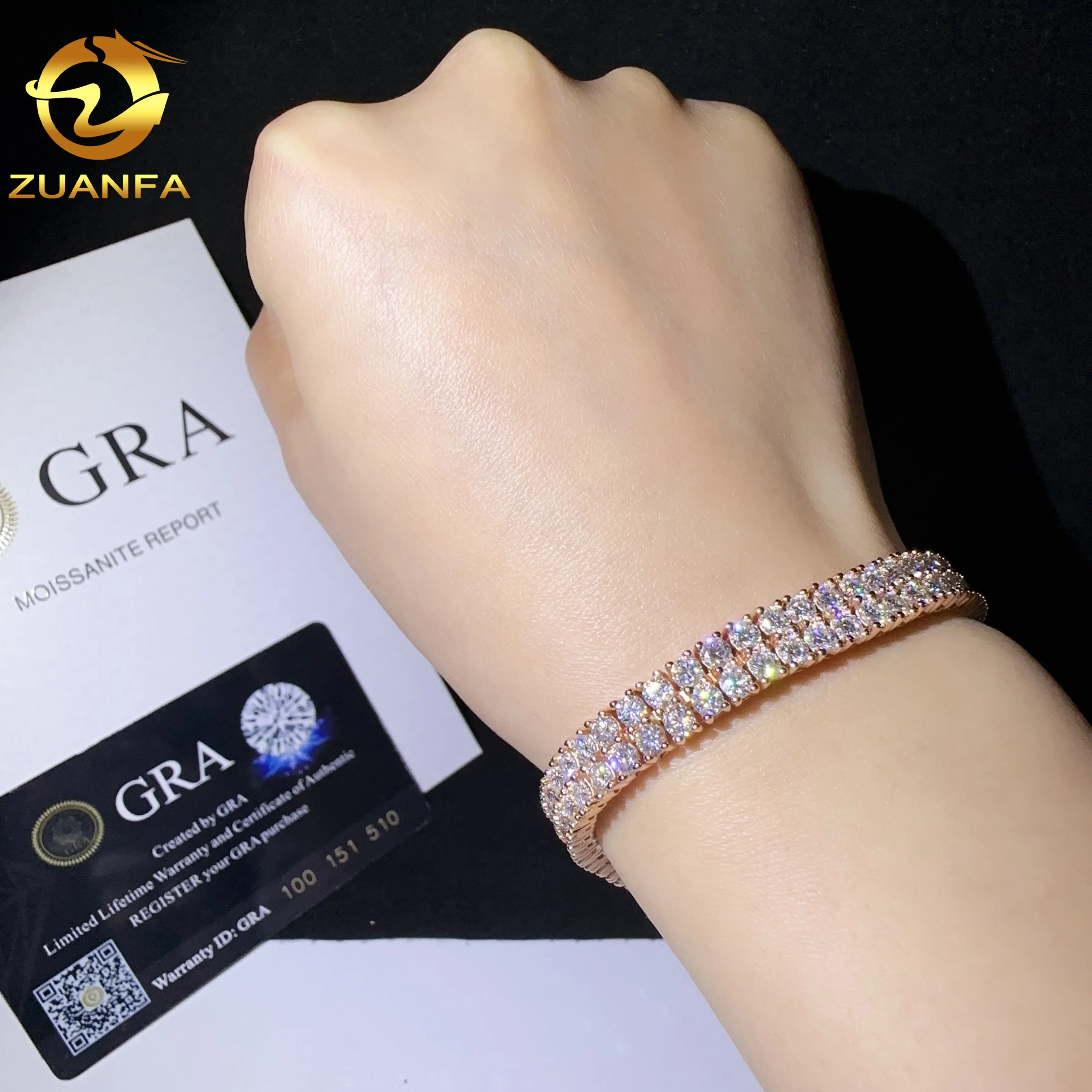 New design two rows diamond real gold plated bracelet sterling silver 925 vvs moissanite hip hop jewelry lab diamond tennis chai
