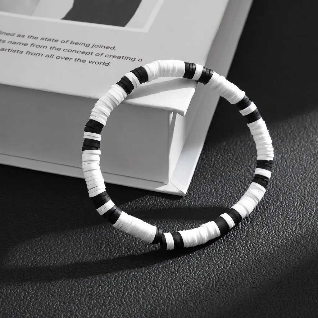 Bohemian Style Minimalist Black White Splicing Soft Ceramic Geometric Bracelets for Men Soft Pottery Jewelry