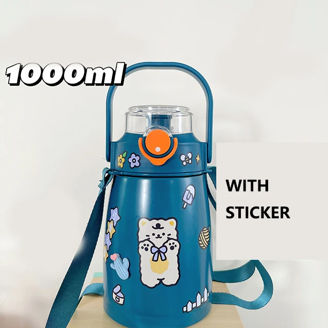 Large capacity 1L custom logo double wall 304 stainless steel with cartoon stickers water bottle