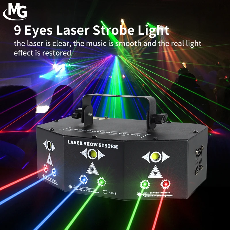 Disco Laser Light 9 Eye DJ Party Projector Laser Lights Voice Control LED Lazer Strobe For Sale Club