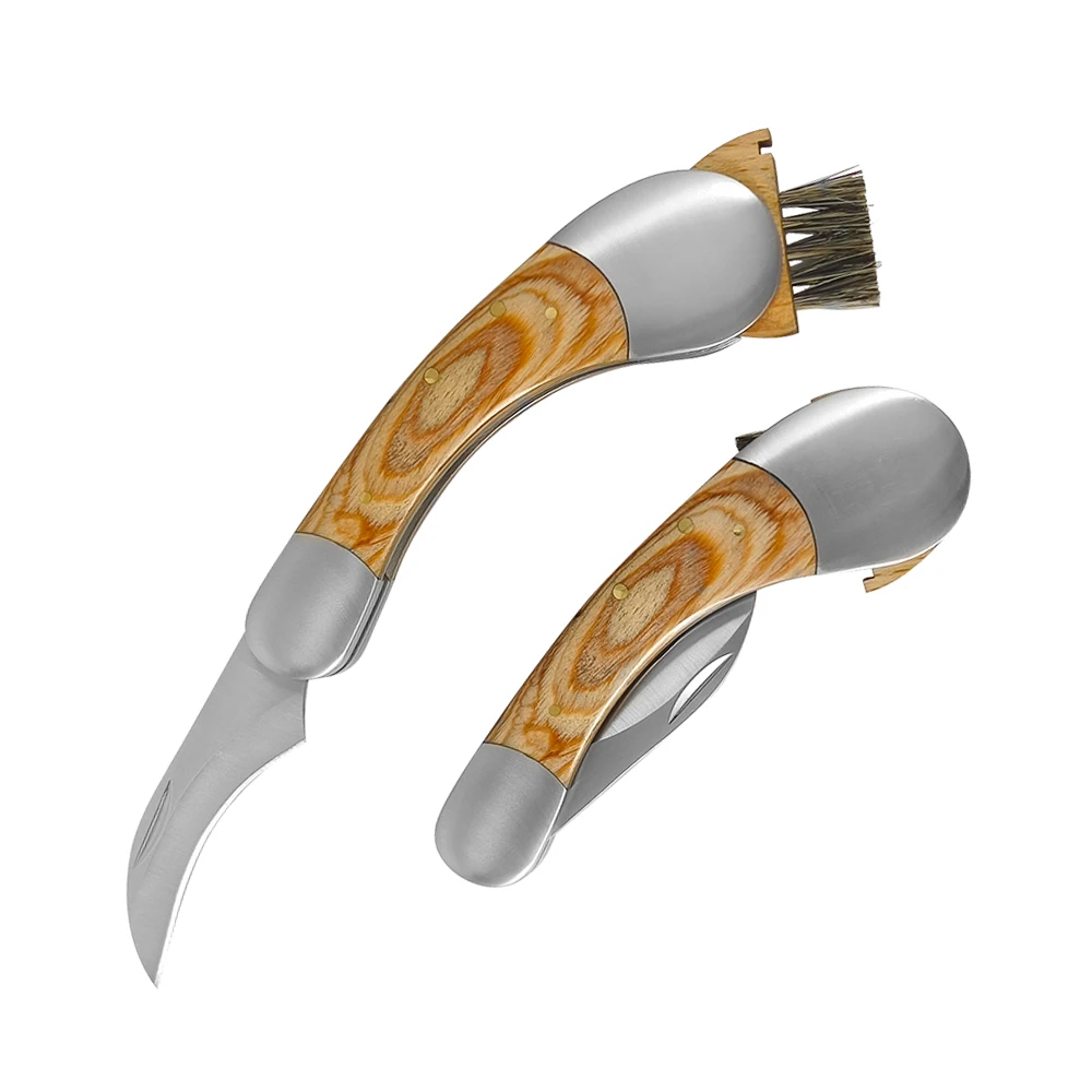 Professional Wood Handle Stainless Steel camping Cutting gardening Truffle Mushroom Fungus Knife with brush