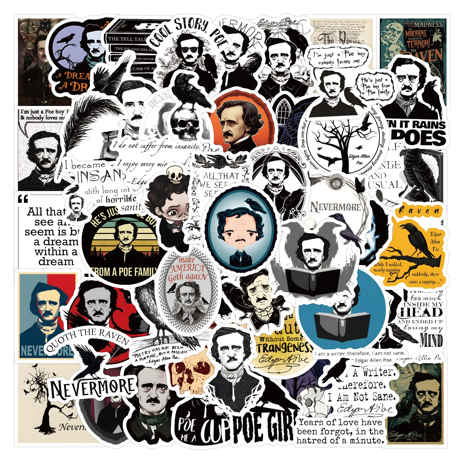 ZY3004C 60Pcs New edgar allan poe Scrapbook Graffiti DIY Stickers Decorative Cup Guitar Laptop Luggage Vinyl Waterproof Stickers