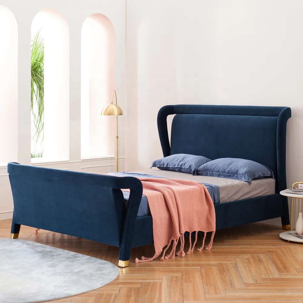 
Upholstery Headboard Wood King Size Bed Frame Crushed Velvet Fabric Bed 