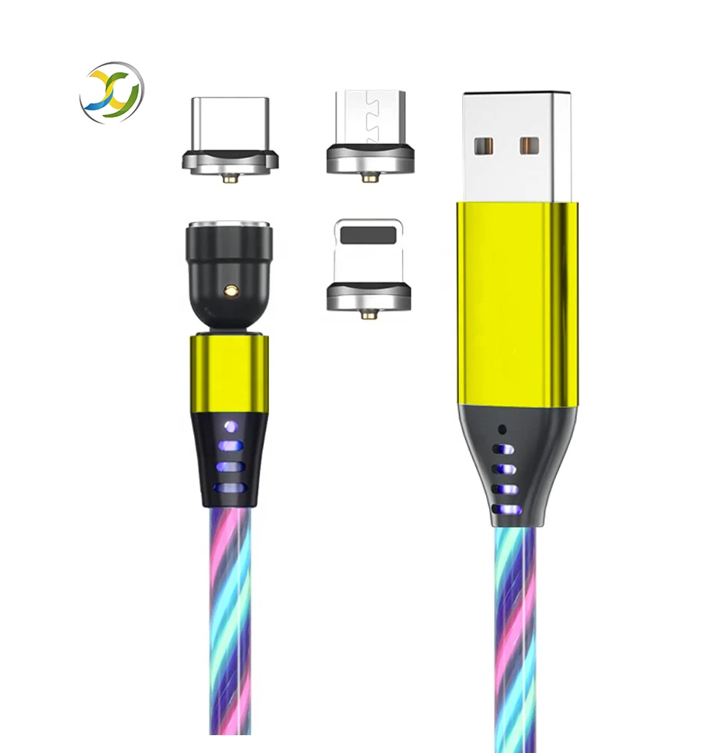 360 + 180  degree Rotational Connector Luminous Cable LED Flowing Light USB Type C 540 Rotation 3 i1n 1 Magnetic Cable