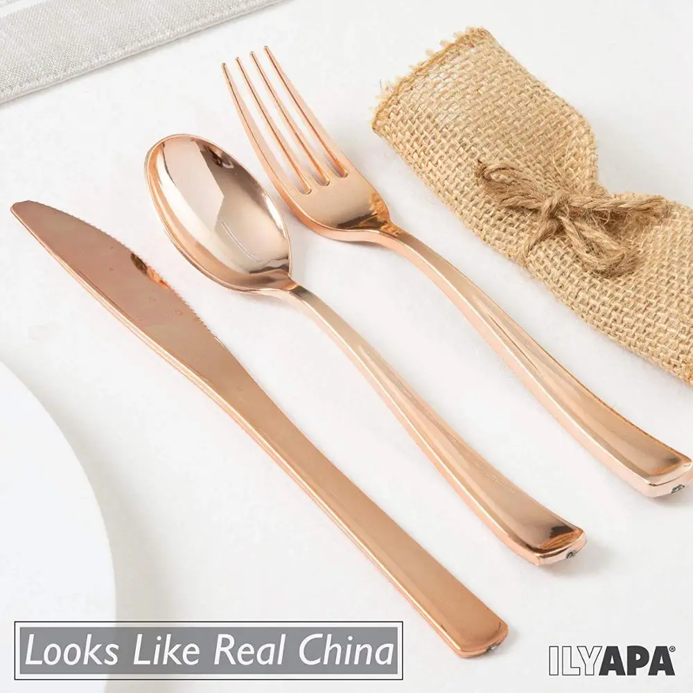 Plastic Silverware Set Disposable Gold Cutlery Set Plastic Forks,Spoons,Knives Heavy Duty Bulk Flatware Party Utensils