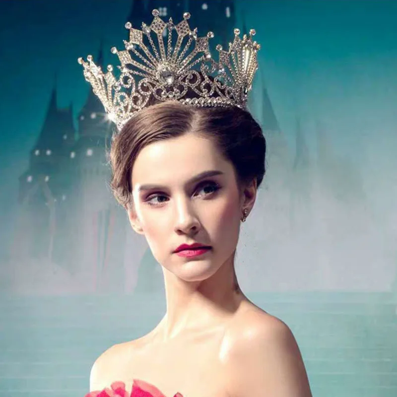 Custom Baroque Bride Big Pageant Tiara Crown Crystal Rhinestone Wedding Tiara Crown