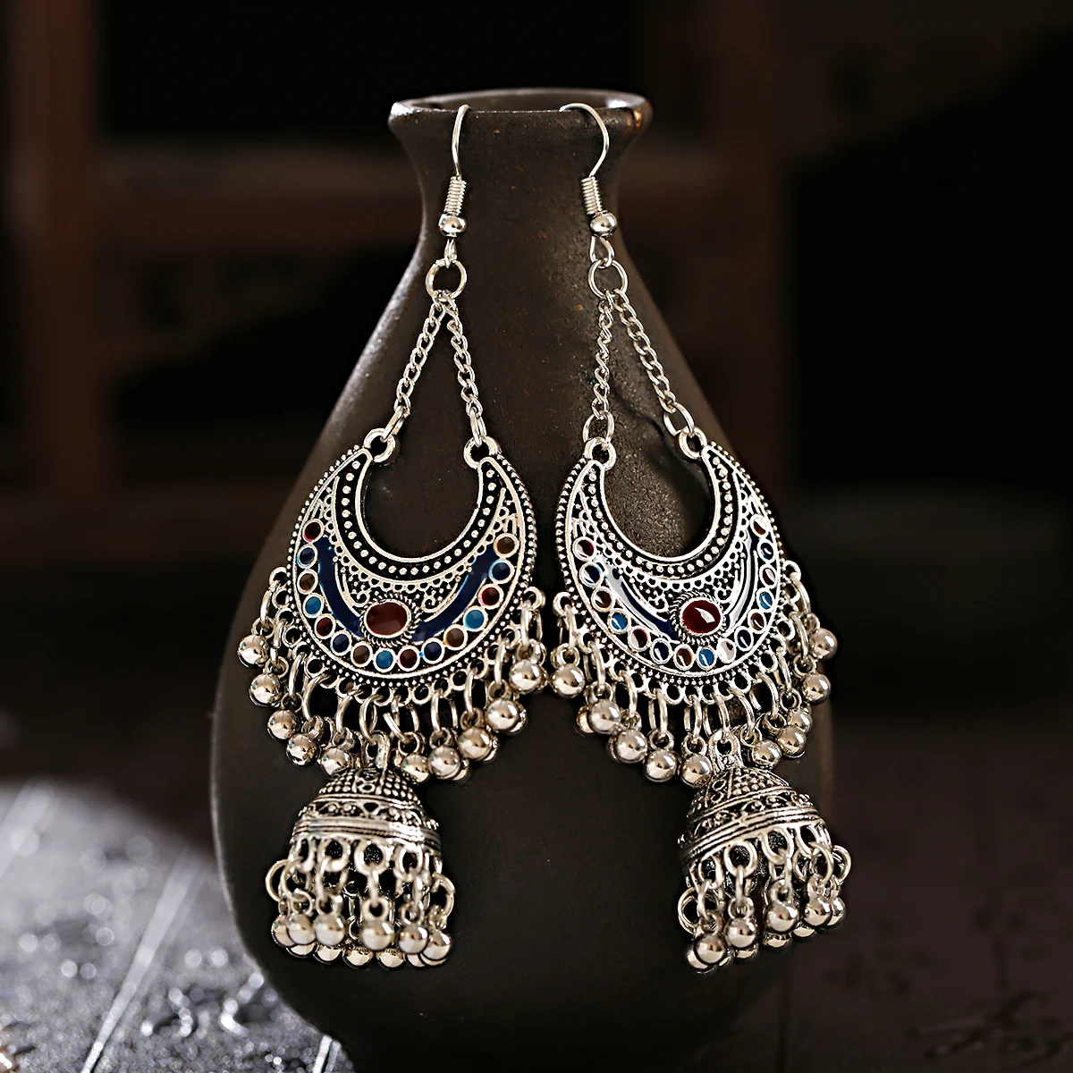 Vintage Women Ethnic Tribe Blue Silver Color India Jhumke Ladies Earrings 2021 Bohemian Tassel Drop Earrings Hangers