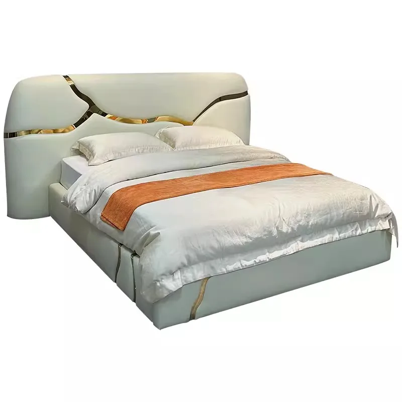 Luxury Italian Style Modern Double Bed Beige Leather Metal Crackle Design Headboard Queen King Size Gold Bedroom Furniture Set
