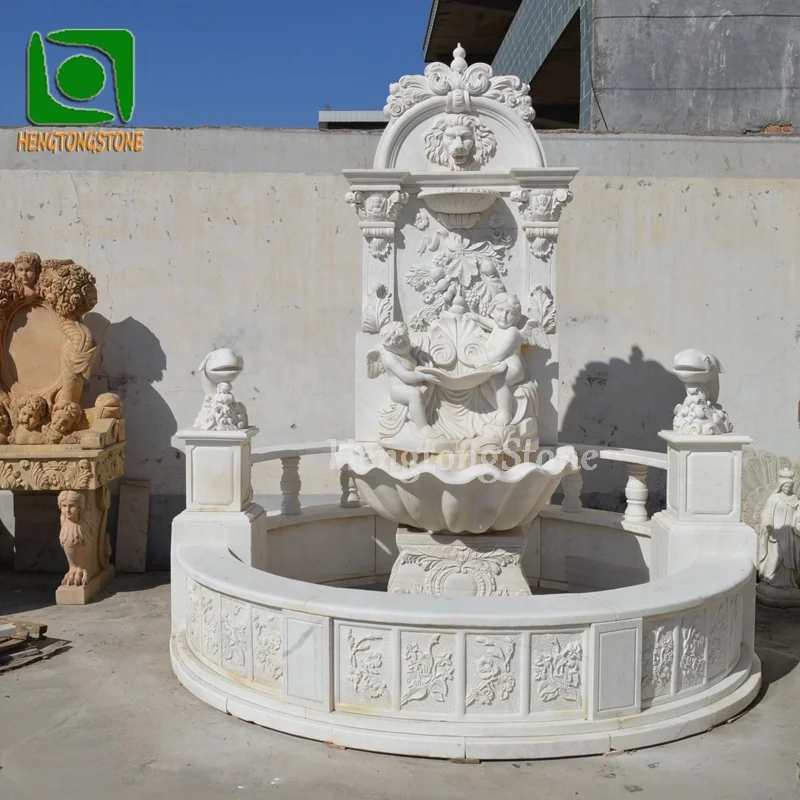 Garden Decoration Hand Carved White Marble Angel and Flower Pattern Engraving Round Stone Water Fountain