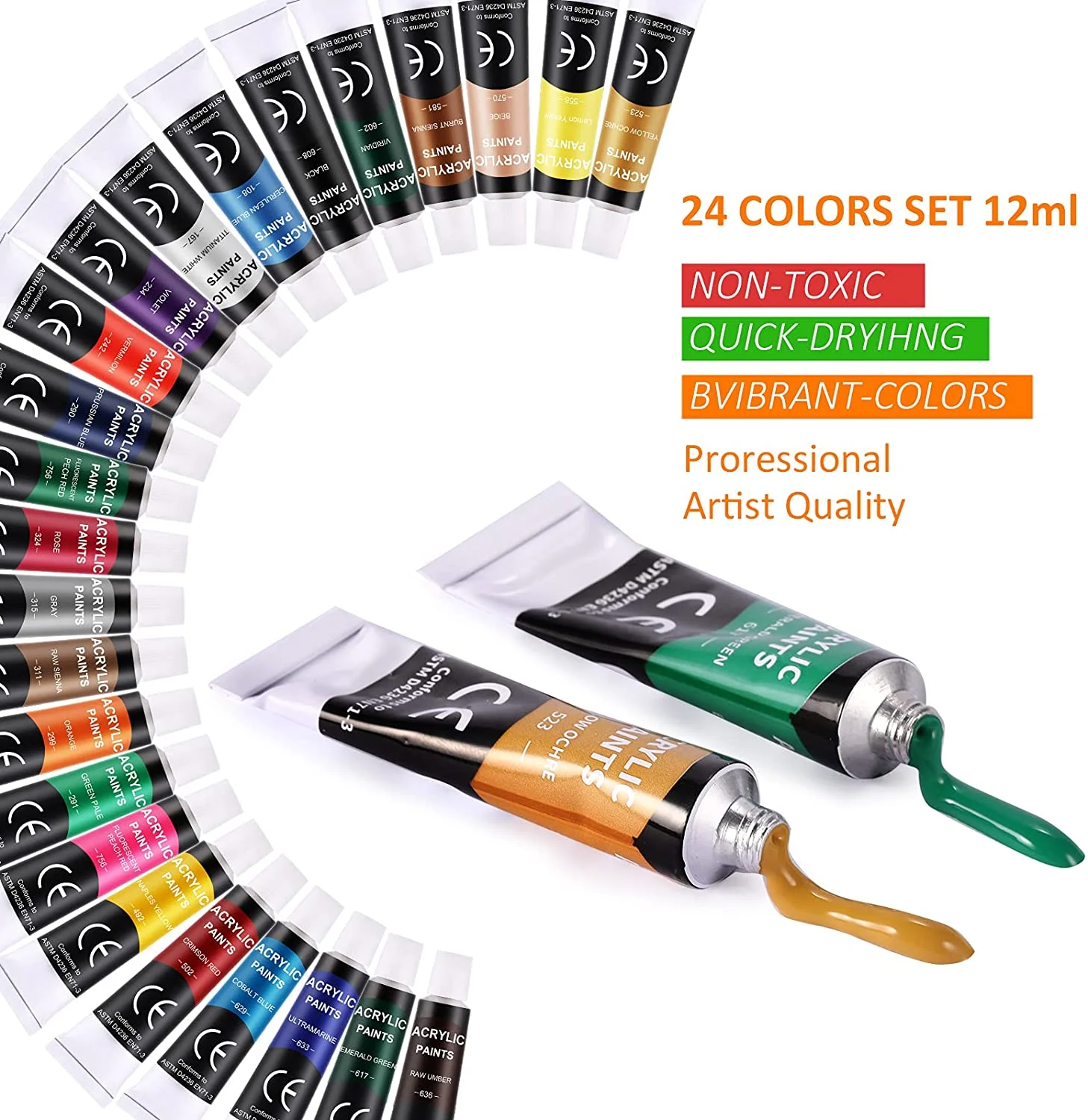 customized professional acrylic paint for artist 24 colors with 10 brushes 1 palette 1 canvas 12 ml  24 aluminium tube OEM