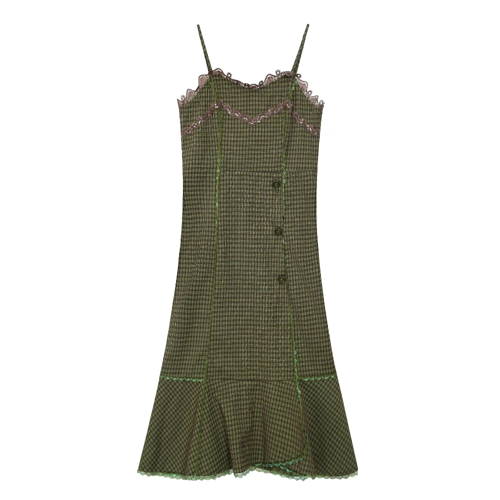 New Dresses Slim Fit Vacation Outfits Sleeveless Retro Green Plaid Fishtail Skirt Spring Autumn Elegant Slip Dress