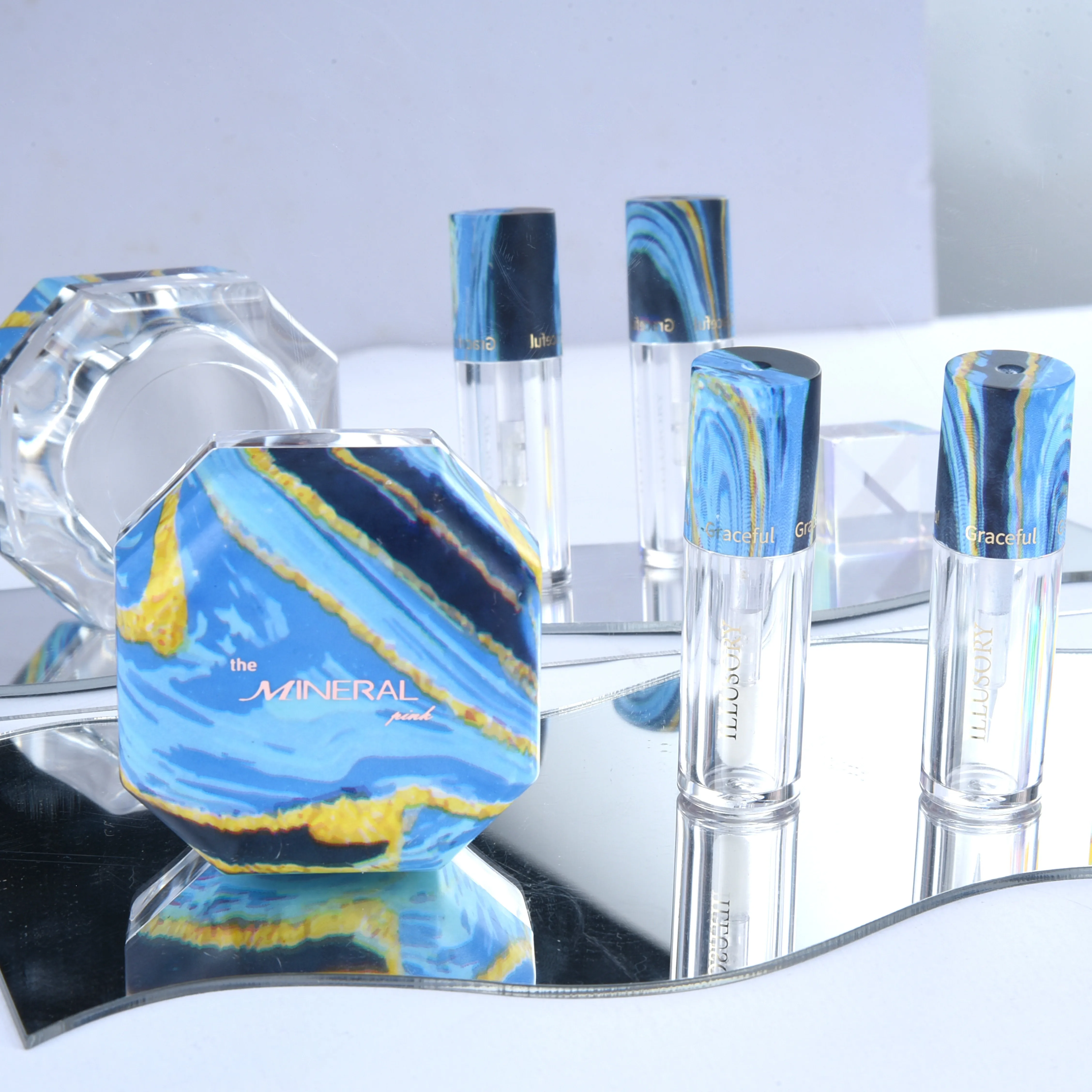 graceful water transfer printing marble pattern cream/sifter jar and lip gloss tube for cosmetics