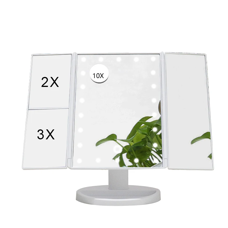 Espejos Con Luz Modern Custom 360 Foldable Room 3 Way Table Cosmetic Led Light Make Up Vanity Makeup Mirror With Led Lights