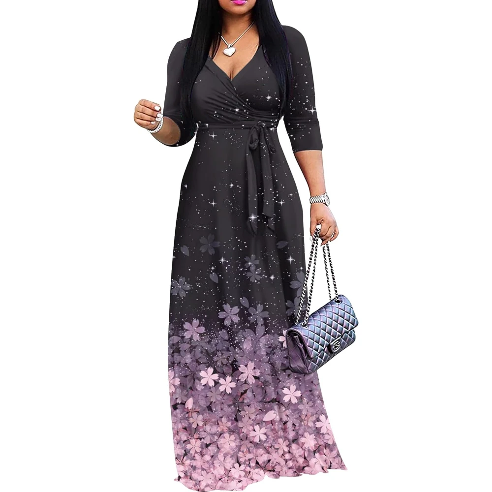 Women Plus Size V Neck Maxi Dress Ethnic Casual Flare Sleeves Dressing Comfortably Yet Stylishly for Evening Events Vacation
