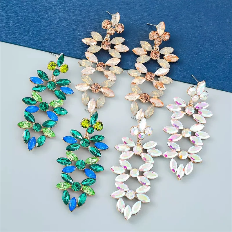 2022 party colorful long earings jewelry earrings women fashion green rhinestone crystal long earrings