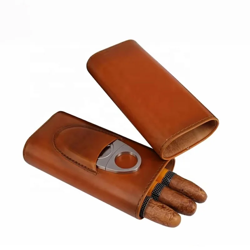 Portable Luxury Cigar Box Holsters 3 Finger Travel Humidor Cabinet Genuine Leather Cigar Case Bag with Cutter