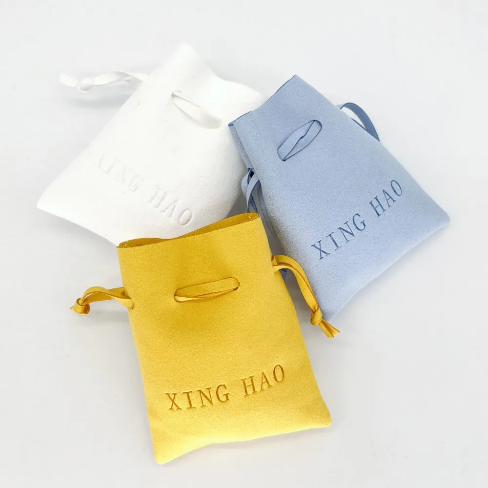 Xinghao Custom Logo emboss Velvet Small Drawstring Microfiber Jewelry Pouch Jewellery Packaging Suede Bags