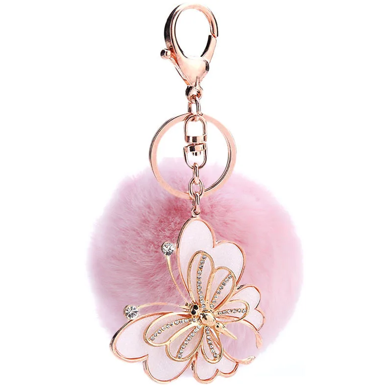 Fluffy Balls Keychain butterfly Fur Puff Ball Keychains for Bags Pompom Keychain