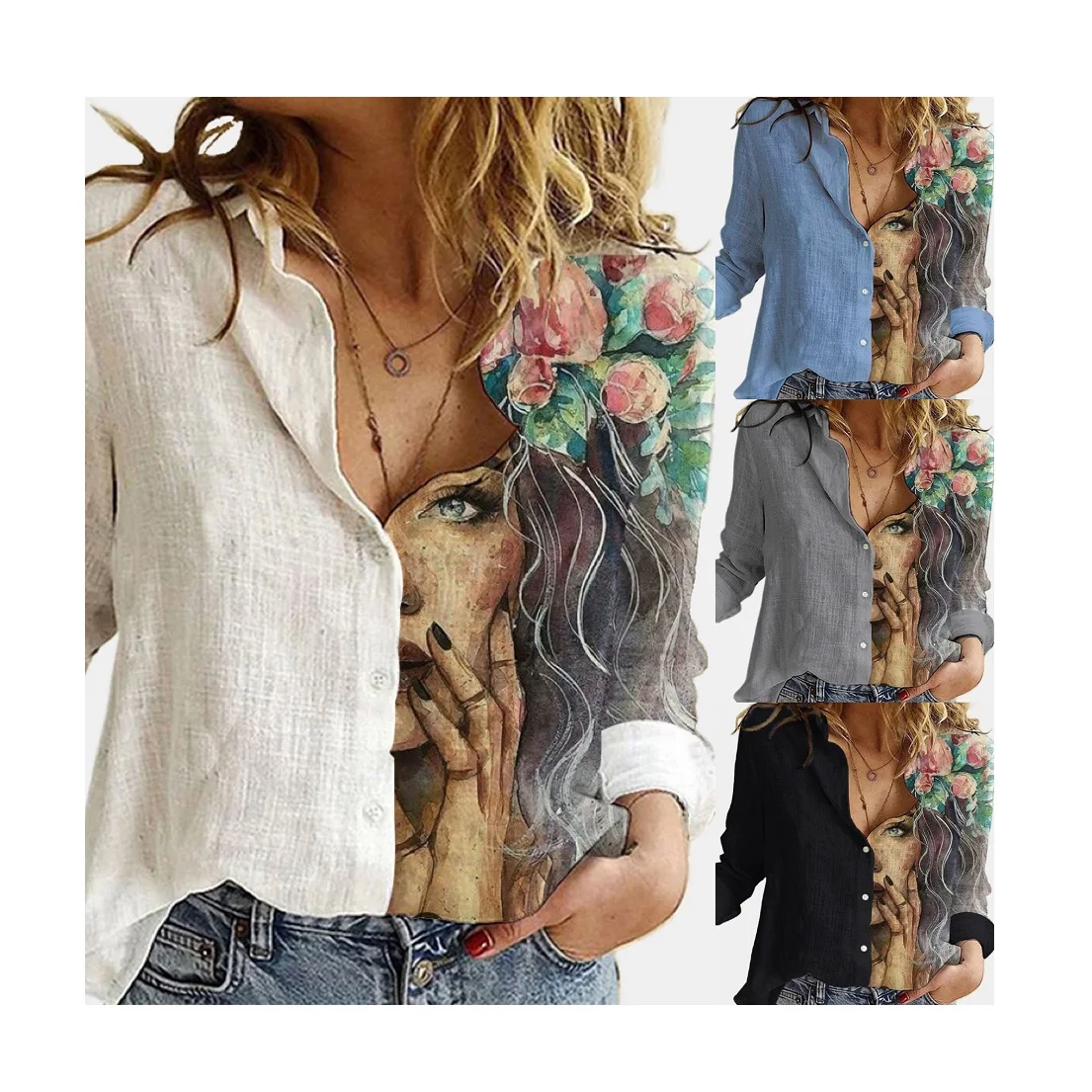 2023 New Arrivals Women Half Print Loose Linen Blouse Ladies Elegant Single Breasted Linen Shirt 2XL Girls Cardigan Linen Blouse