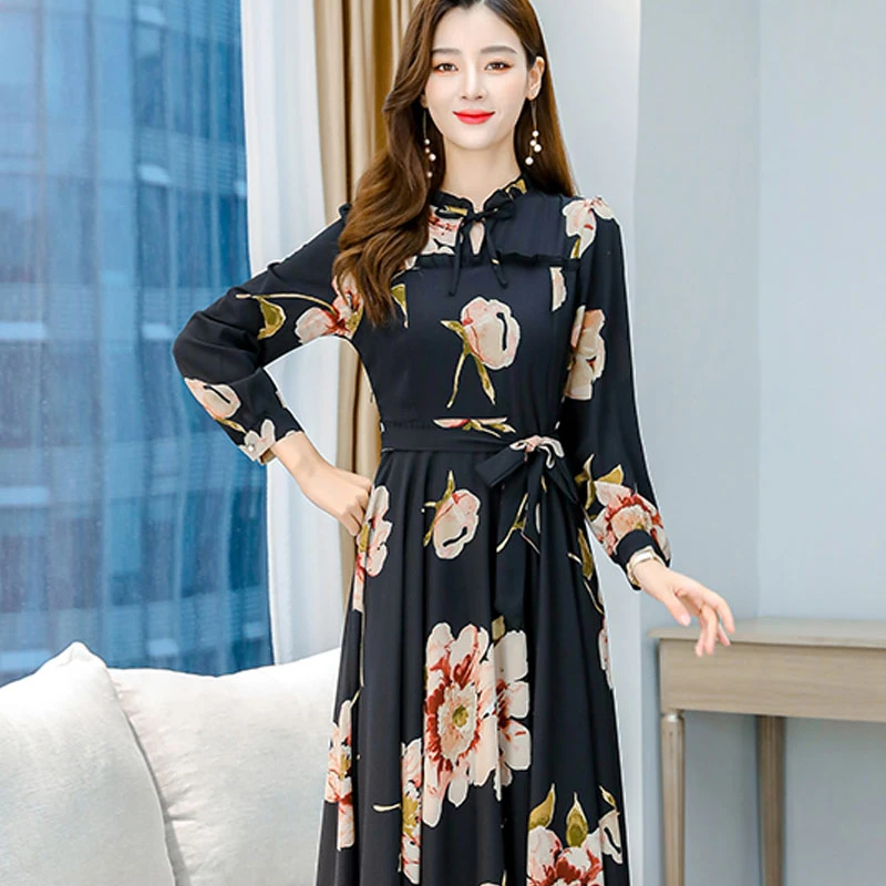 New rose ballgown floor length dress slim big swing floral dresses 2022 printed casual wear maxi chiffon dresses