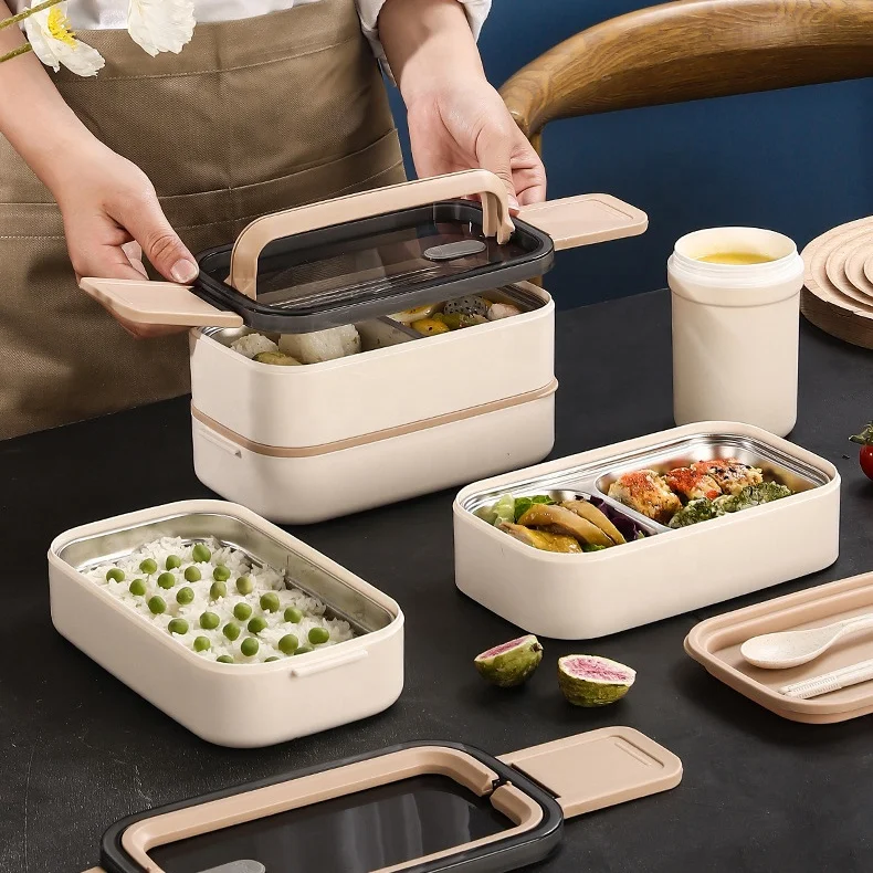 Factory Hot Selling Cream White Food Grade Stainless Steel 304 Portable Food Container 1400ml Double-layer Bento Lunch Box