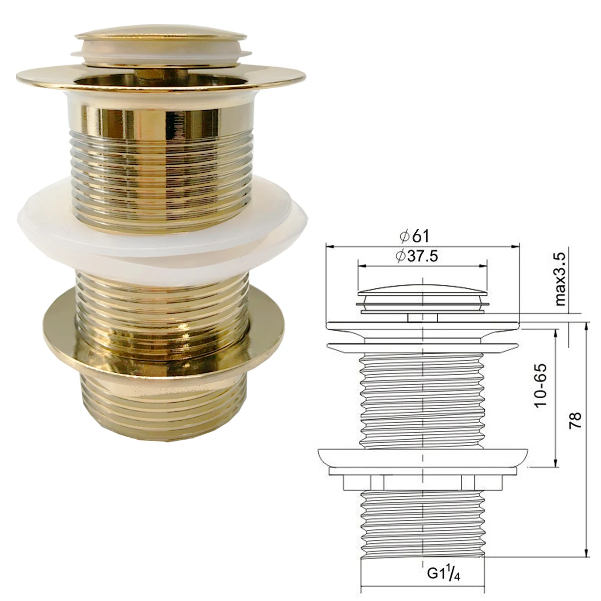 Factory Direct Sale Brushed Gold Push Button Click Clack Plug Unslotted Bath Basin Waste Sink Pop up