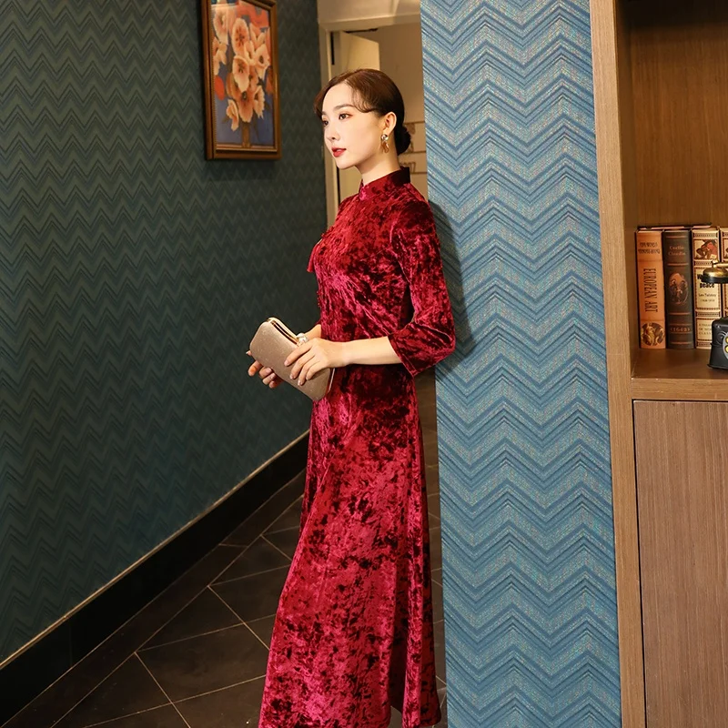 Платье-Ципао женское длинное из бархатной ткани, с рукавом до локтя