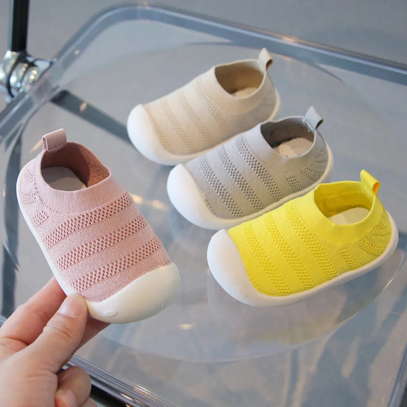 Spring Fall Toddlers Shoes Fly Woven Upper Mesh Shoes Stretch Knit Breathable Upper Low Top Baby Shoes Slip-Ons Bright Yellow