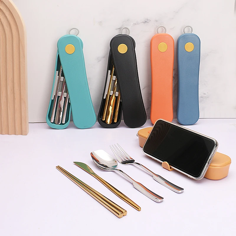 New Design Rotating Cutlery Set Stainless Steel Spoon Fork Knife Chopsticks With Eco Wheat Straw Case Portable Tableware