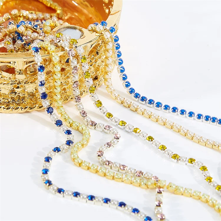 Gold back  pearl  Claw Rhinestone Cup Chain SS6 Crystal Chain For Garment Headband Accessories