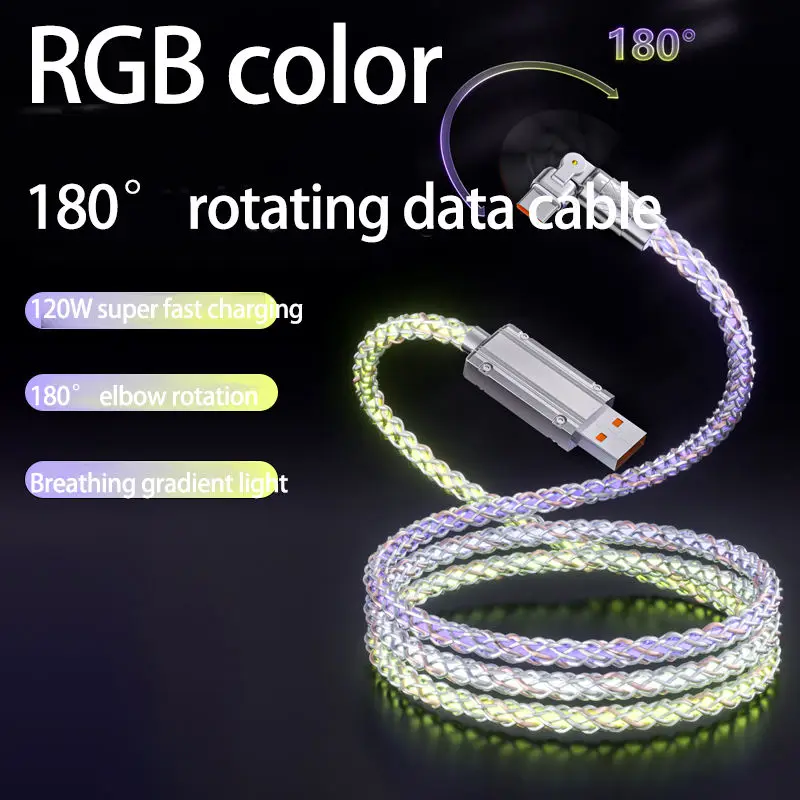 100W RGB Star Light Type C Data Cable Optical Flowing  Light  180 Degree Rotation USB Cable with Breathing LED Light