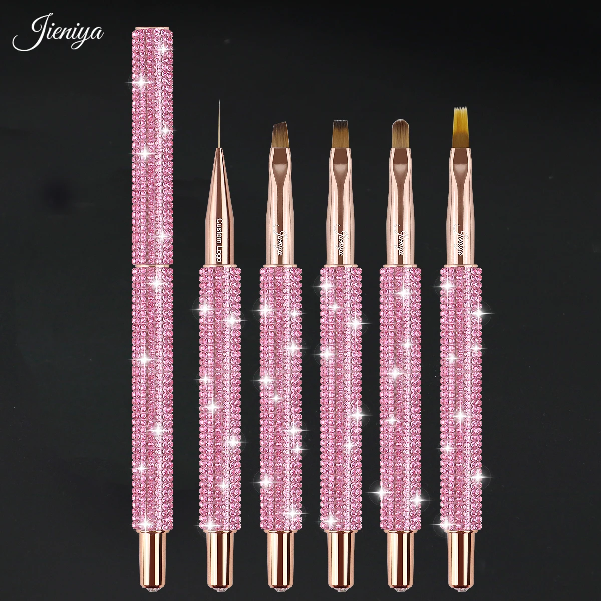 popular Nail salon brush metal handle with pink bling Rhinestones nail brush sets for girls nail designs 2024