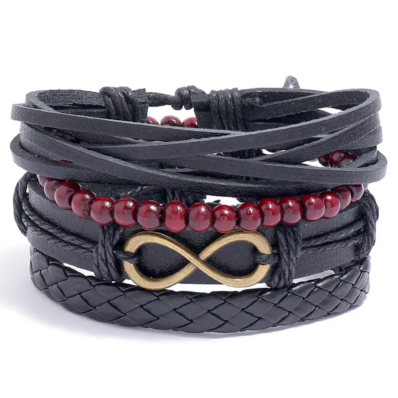 Men Woven Hemp Rope Leather Hand Chain Set Beads products Bracelet bracelet mens accessories