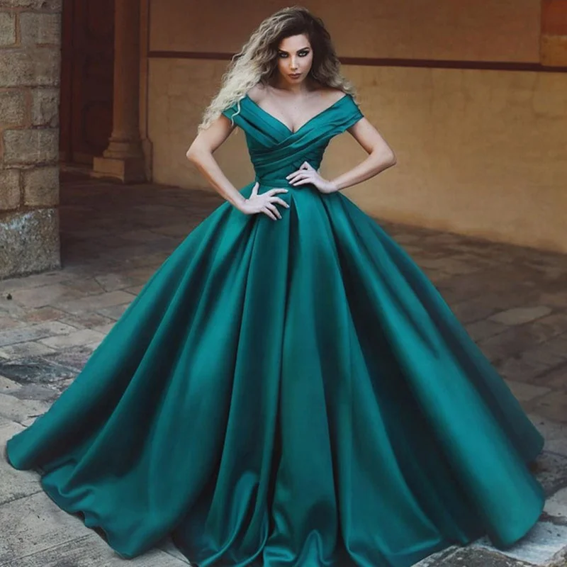 Casual Green Satin Off Shoulder Ball Gown Elegant Dresses For Wedding