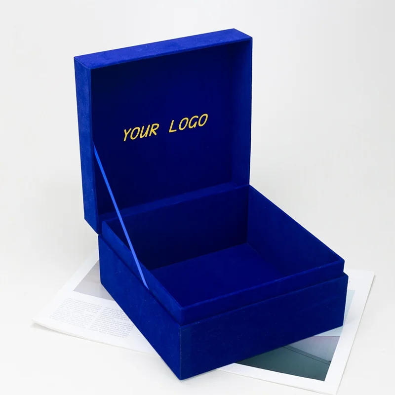 Индивидуальный логотип синяя роскошная коробка для ювелирных изделий упаковка обувная одежда большая бархатная Подарочная Свадебная