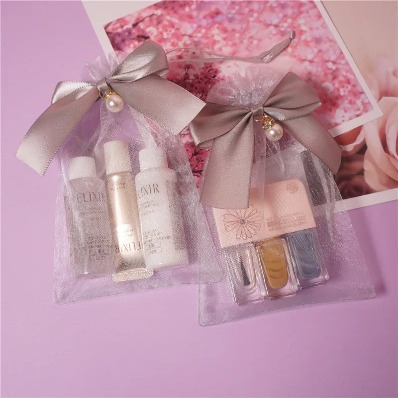 Mesh Organza Pouches Gift Bags with Ribbon Bow and Pearl Drawstring Organza Bag for Cosmetics