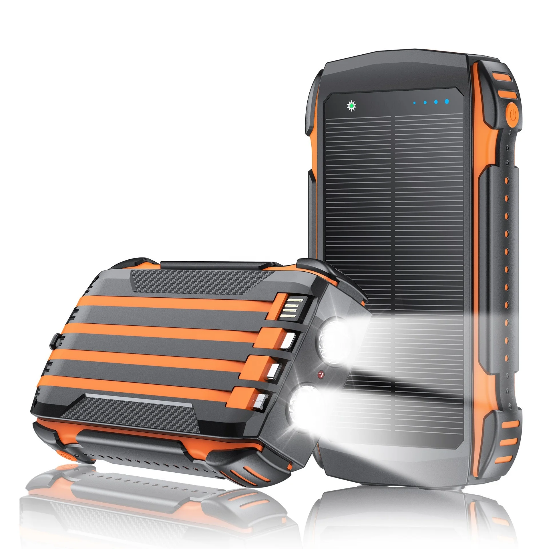Portable  20000mAh Solar Charger Power Bank Dual  Built-in cable Led light and Compass for  and Electronic Devices