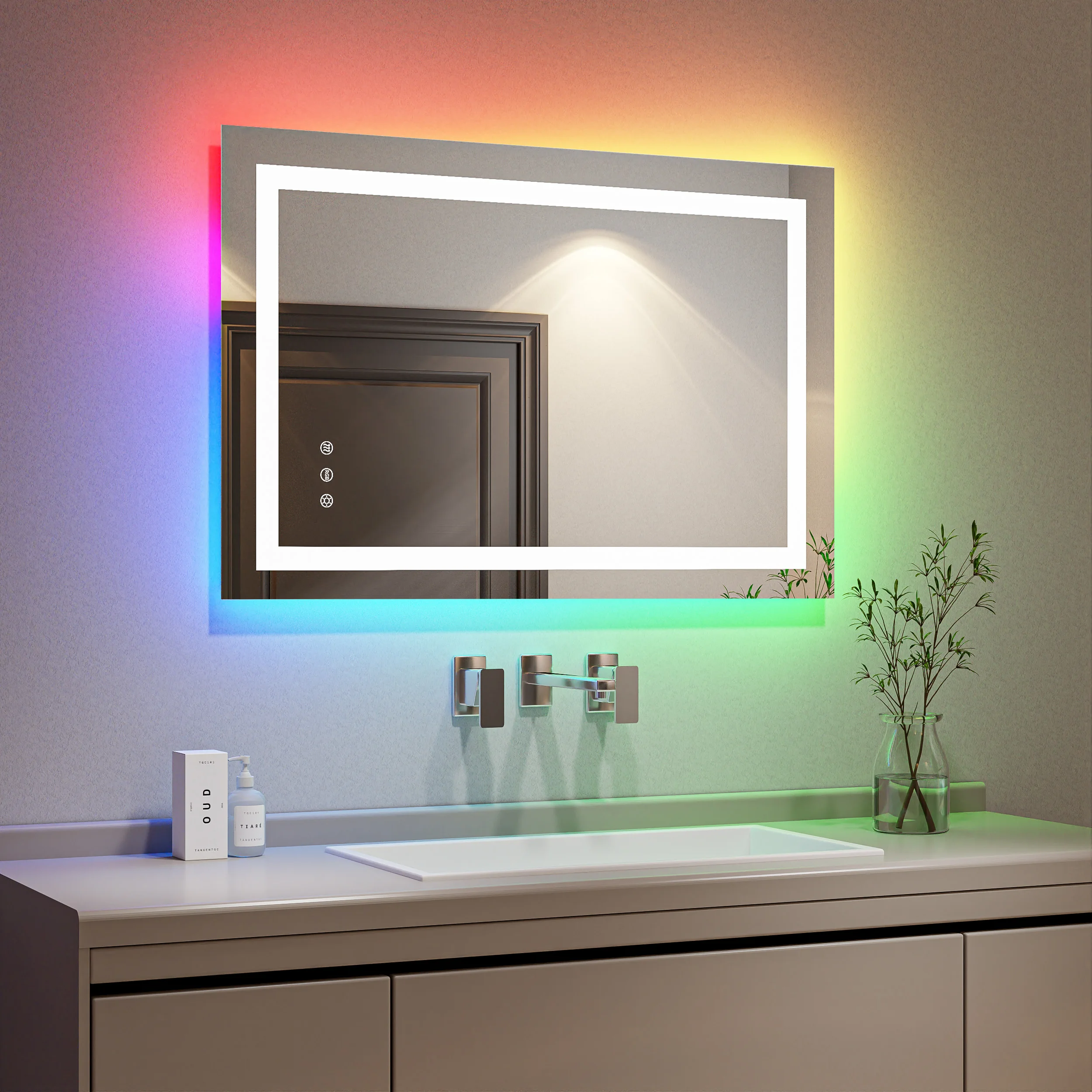 2436/3636/4836/6036 Inch Touch Screen Smart Anti Fog Hotel Rgb Led Frameless Bathroom Mirror With Led Light