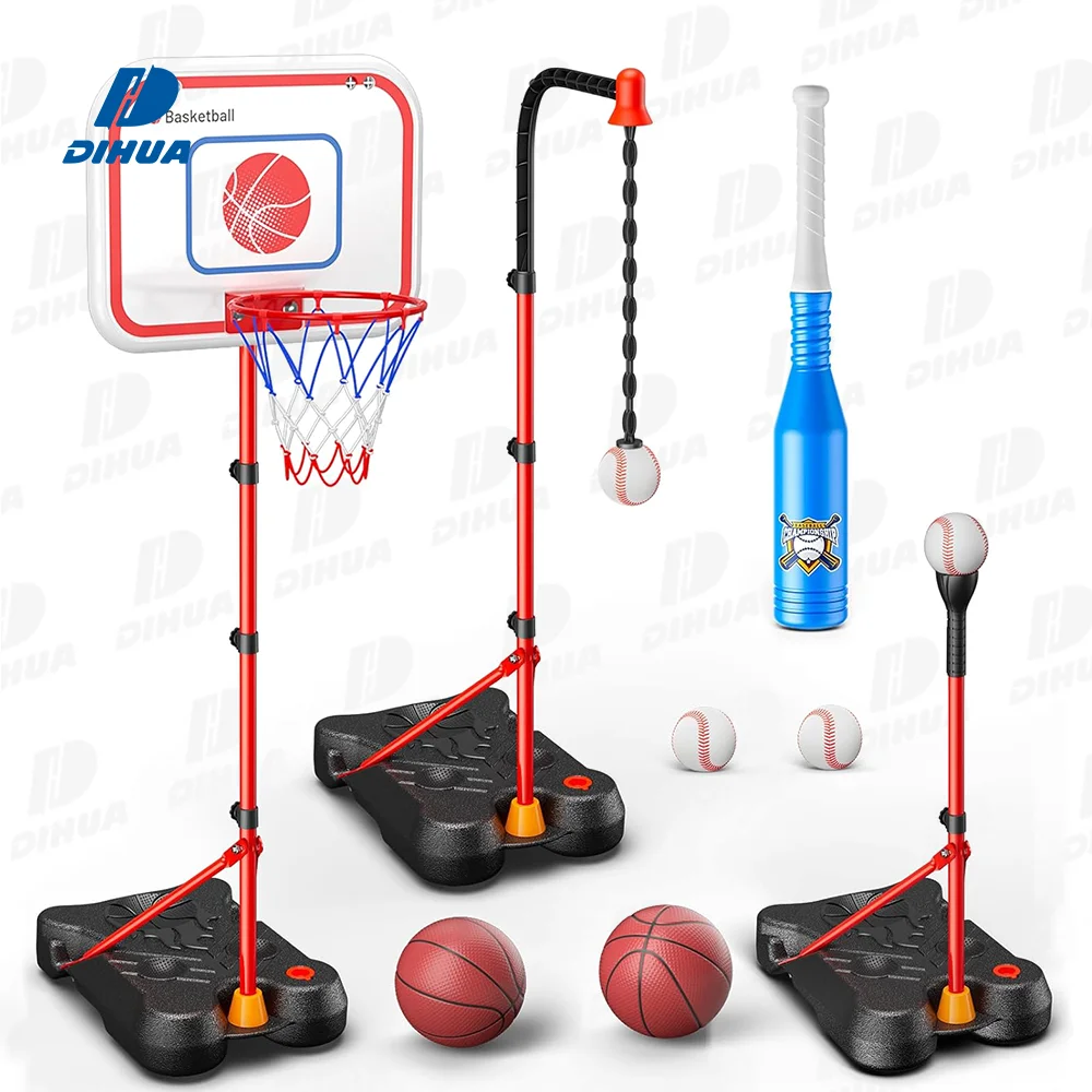 4 in 1 Kids Basketball Hoop and T Ball Set Adjustable Basket Ball Stand Hanging Tee Baseball for Toddlers Boys Toys Sports Balls
