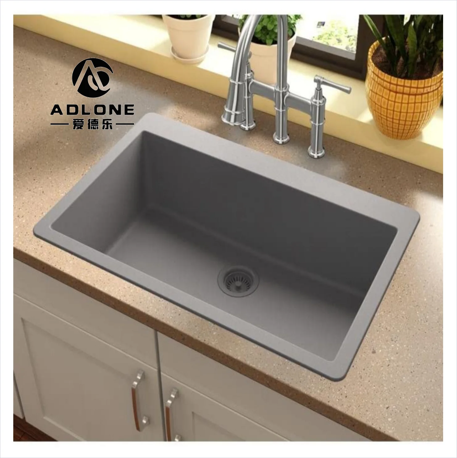 Kitchen granite Sinks Matte Solid top mount Black Granite composite quartz sink