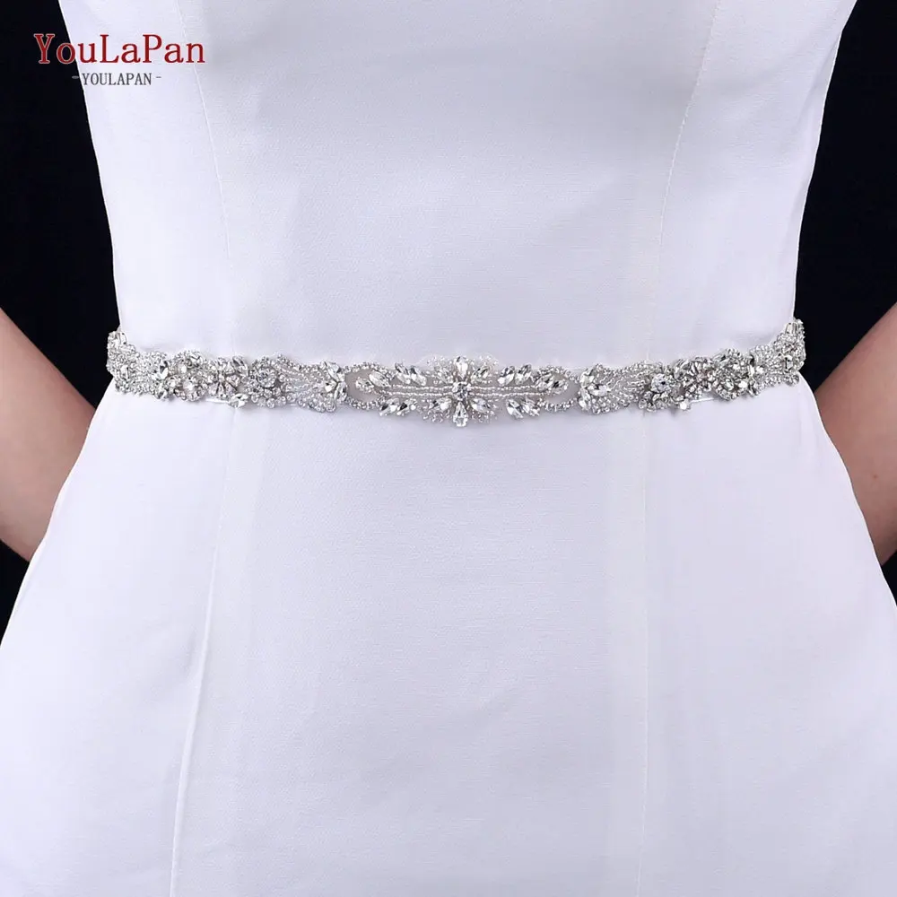 YouLaPan S491 Delicate Silver Rhinestone Beaded Belt Women Party Evening White Ribbon Thin Belt Bridal Wedding Dress Waist Decor