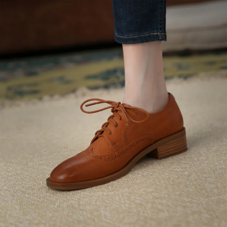 Cialisa Handmade Genuine Leather Ladies Flats Perforated Lacing Up Pointed Toe Low Heels Womens Wingtip Oxford Shoes
