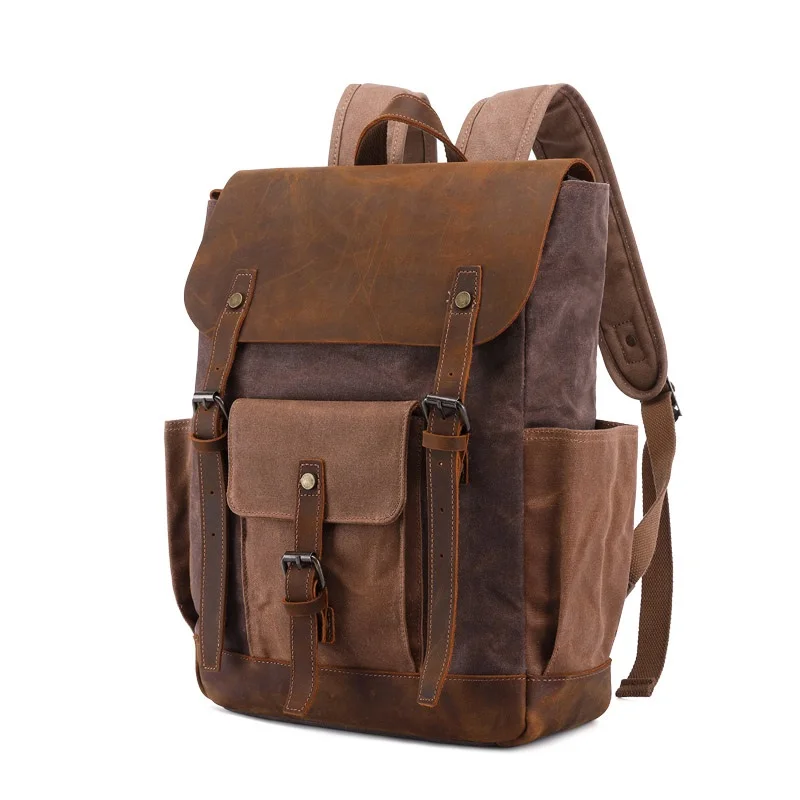 Vintage designer waxed canvas backpack genuine crazy horse leather trim water proof camping rucksack back pack backpack bag