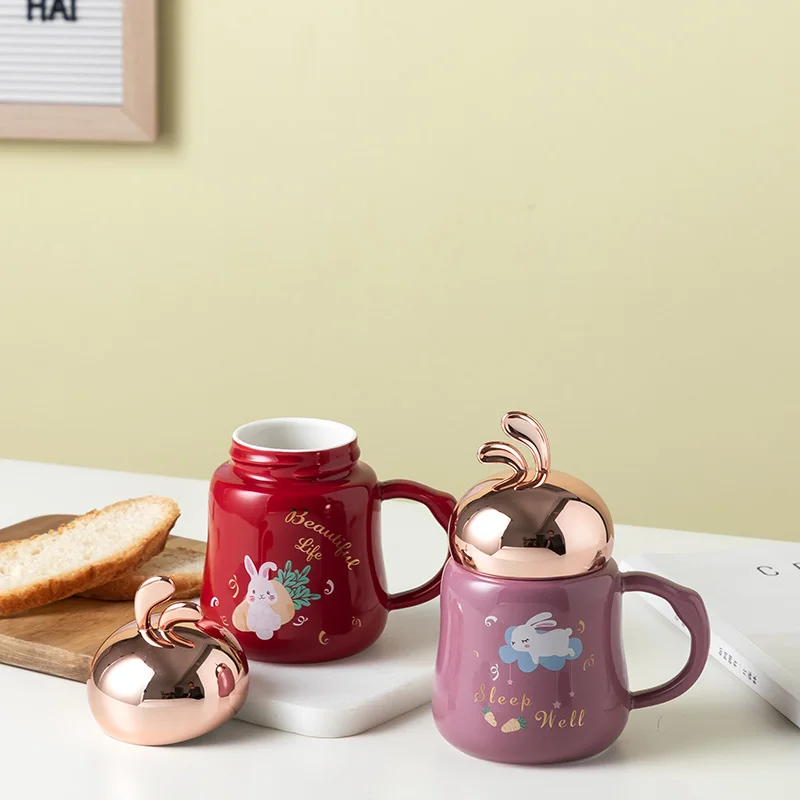 Creative personalized cute animal cartoon rabbit ceramic mug mirror kids coffee cups and funny mugs unique for children and girl