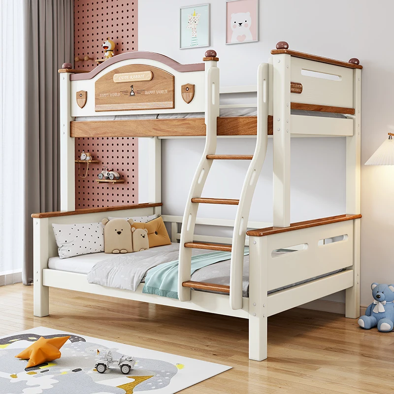 Space-Saving Solid Wood Bunk Bed A practical choice for bedrooms this high and low bunk bed features a two-story combination des