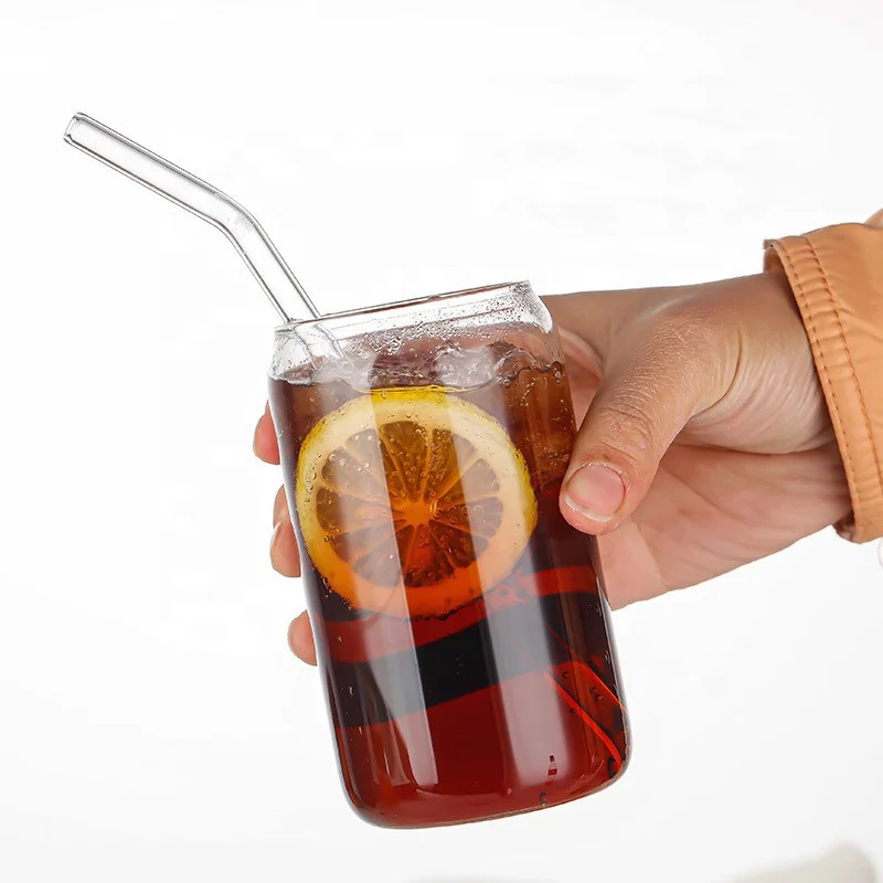 Clear hot selling Large 500ml 16oz Can Shaped Containers Bamboo Lid Cola Beer Glass Cup with Straw
